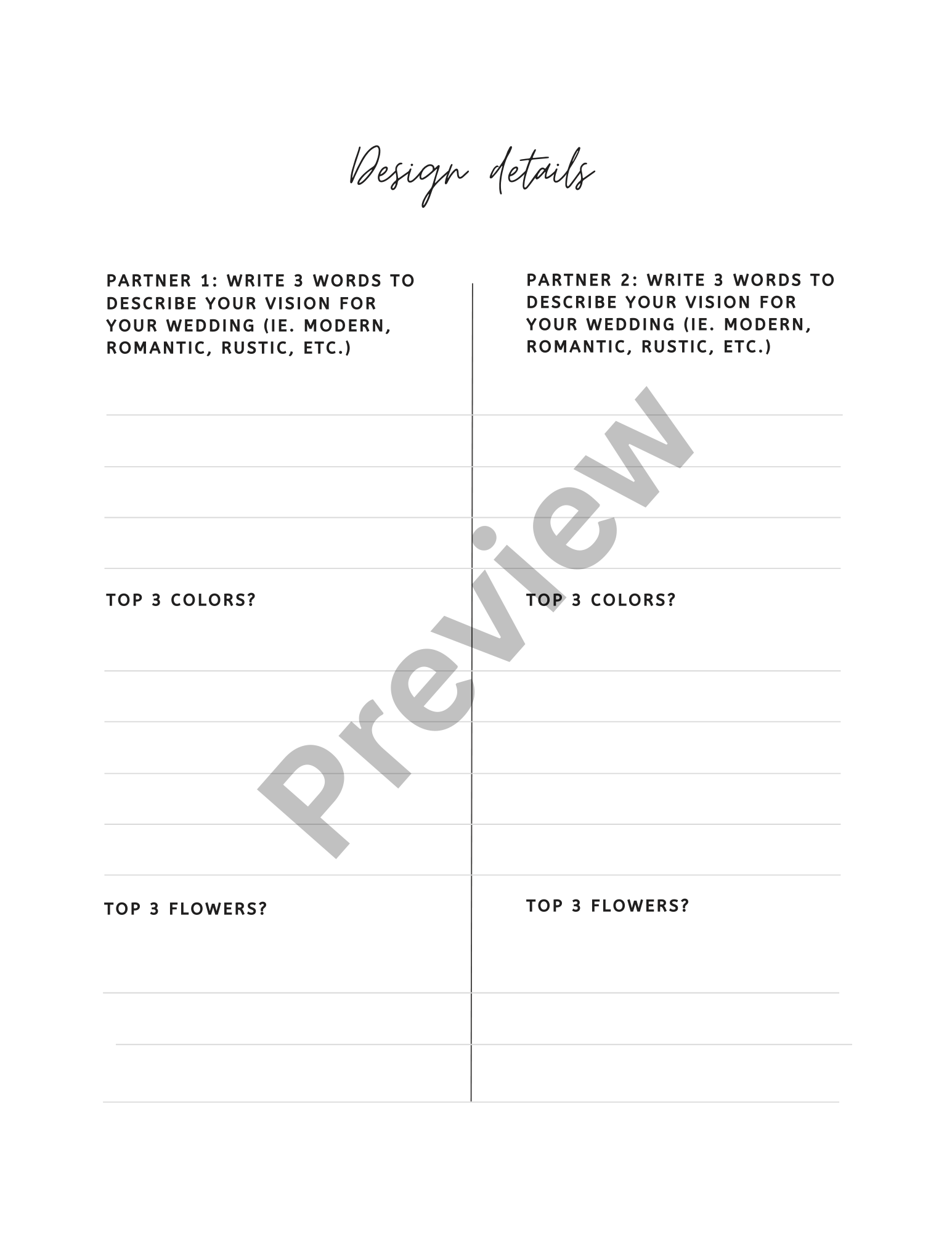 Preview of the journal page with space for both partners to brainstorm their preferences for design details for their wedding